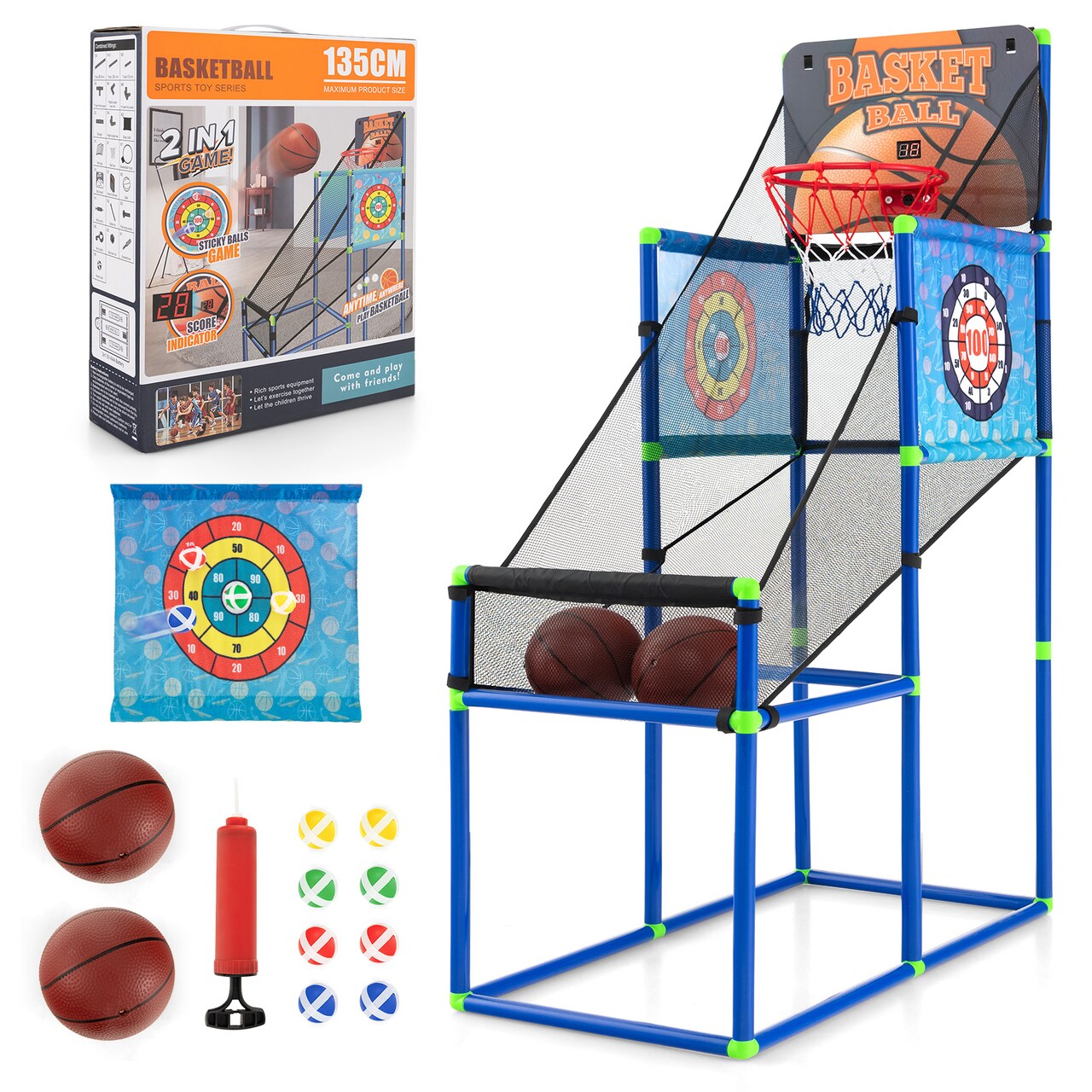 2 in 1 Kids Basketball Hoop Arcade Game with Electronic Score Sticky Ball Target Blue